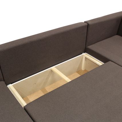 Universele U-vormige hoekbank SEYA met uitschuifbare slaapfunctie en opbergruimte, bruin