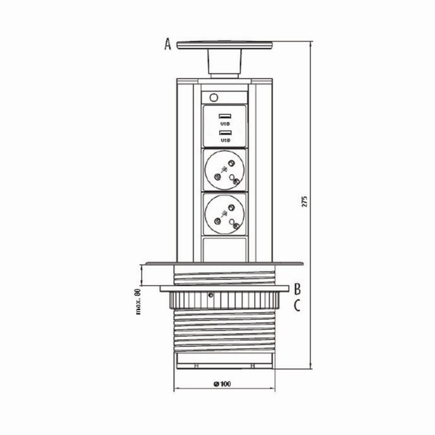 Verbindingsstopcontact voor tafelblad 2x230V +USB-A 3,1A +UBS-C 15,5W 230V