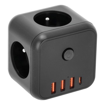 Verdeelstekker met schakelaar LINEA 3x230V + 4xUSB A/C zwart