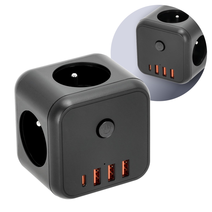 Verdeelstekker met schakelaar LINEA 3x230V + 4xUSB A/C zwart