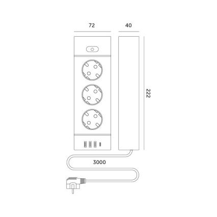 Verdeelstekker met schakelaar LINEA PRO 3x230V + 3xUSB-A + 1xUSB-C SCHUKO 3 m zwart