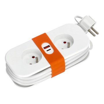 Verlengsnoer 2-voudig + 2x USB 1,4 m wit