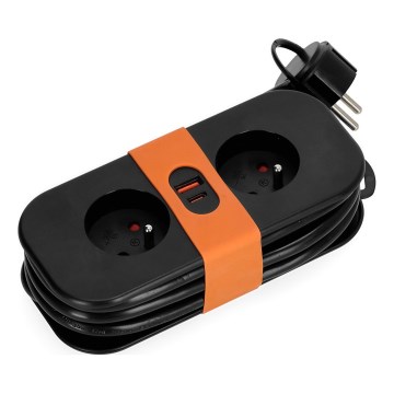 Verlengsnoer 2-voudig + 2x USB 1,4 m zwart