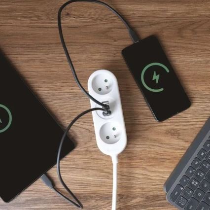 Verlengsnoer 2-voudig + 2x USB-A + USB-C 1,4 m