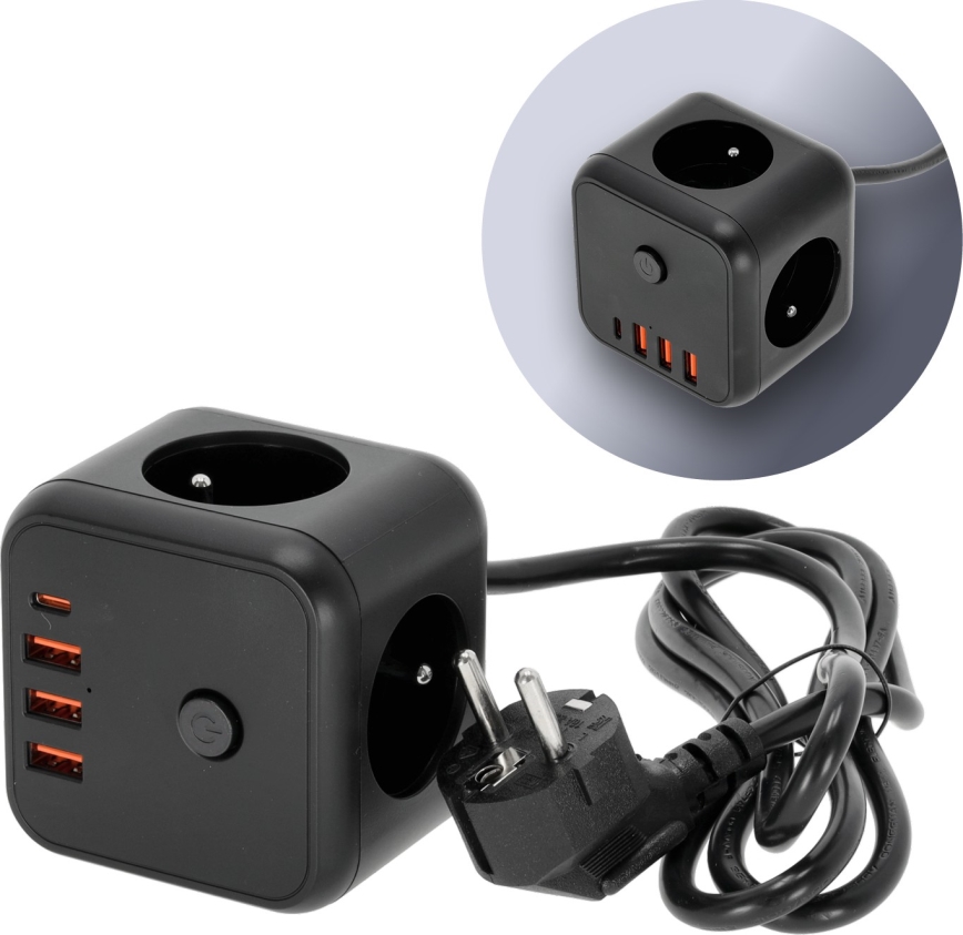 Verlengsnoer kubus met schakelaar LINEA 3x230V + 4xUSB A/C zwart