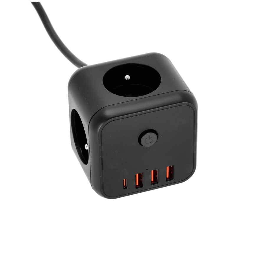 Verlengsnoer kubus met schakelaar LINEA 3x230V + 4xUSB A/C zwart