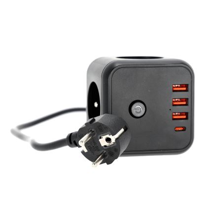 Verlengsnoer kubus met schakelaar LINEA 3x230V + 4xUSB A/C zwart