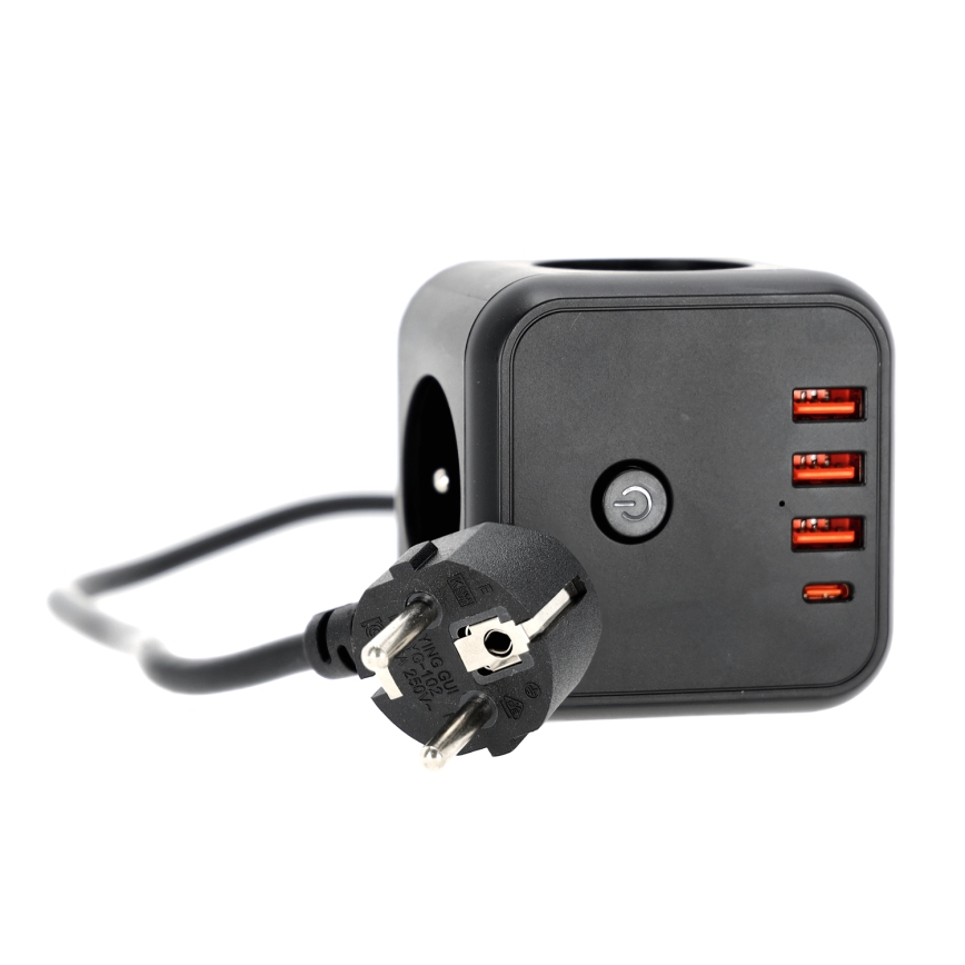 Verlengsnoer kubus met schakelaar LINEA 3x230V + 4xUSB A/C zwart