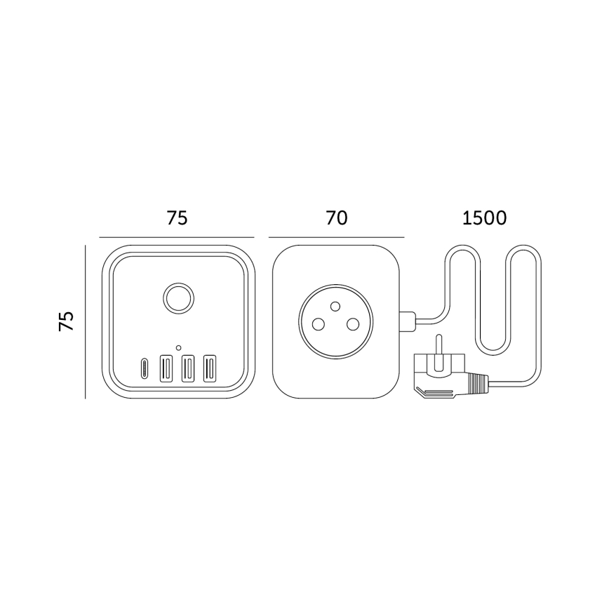 Verlengsnoer kubus met schakelaar LINEA 3x230V + 4xUSB A/C zwart