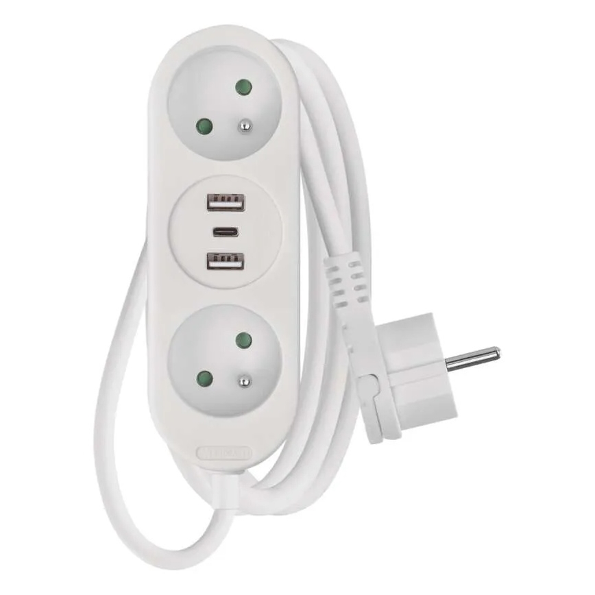 Verlengsnoer met 2 stopcontacten + 2x USB-A + USB-C, 1,4 m