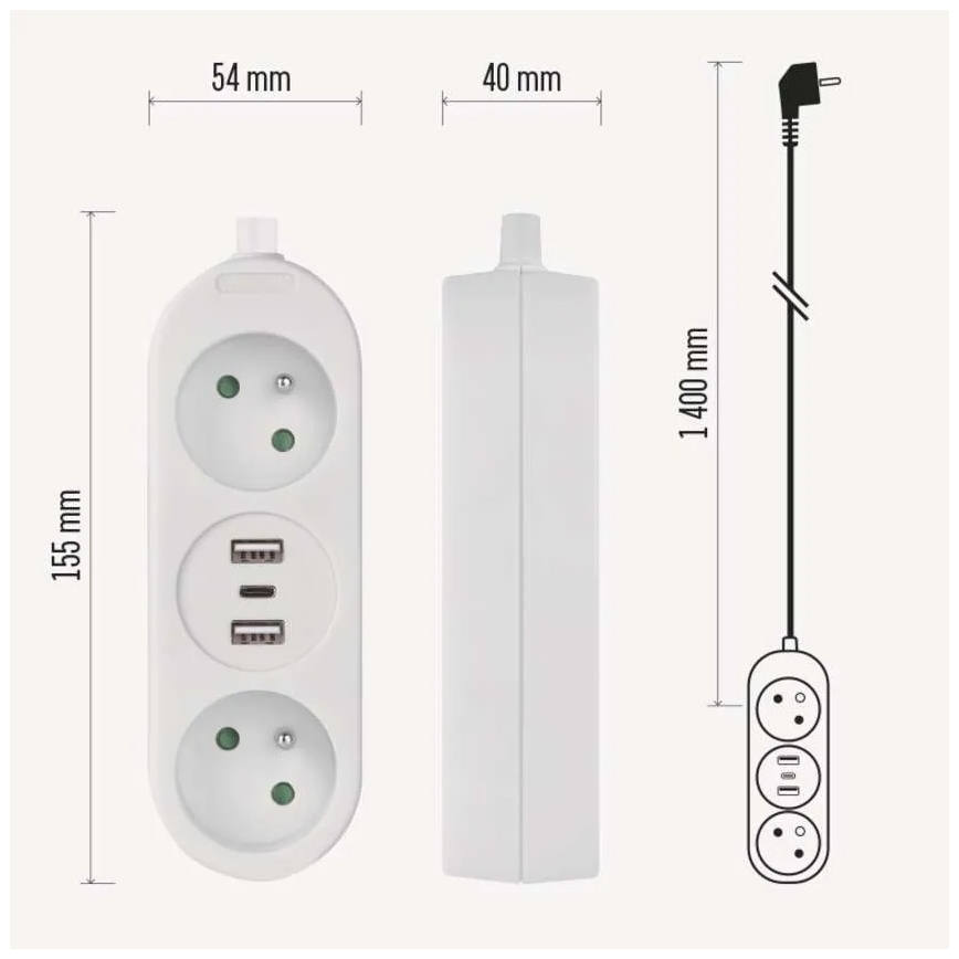 Verlengsnoer met 2 stopcontacten + 2x USB-A + USB-C, 1,4 m