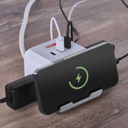 Verlengsnoer met stekkerdoos en draadloos QI-opladen 2x USB-A + 1x USB-C 2m wit