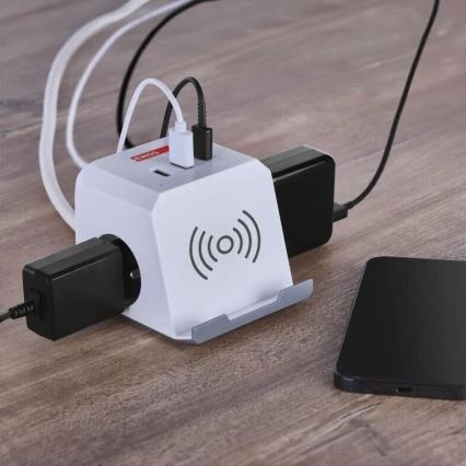 Verlengsnoer met stekkerdoos en draadloos QI-opladen 2x USB-A + 1x USB-C 2m wit