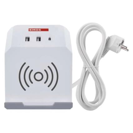 Verlengsnoer met stekkerdoos en draadloos QI-opladen 2x USB-A + 1x USB-C 2m wit