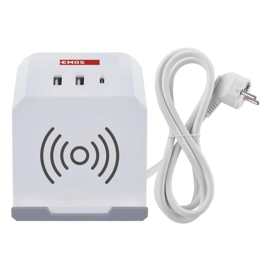 Verlengsnoer met stekkerdoos en draadloos QI-opladen 2x USB-A + 1x USB-C 2m wit