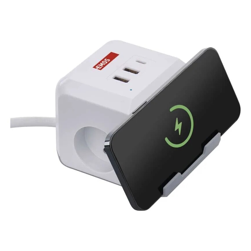 Verlengsnoer met stekkerdoos en draadloos QI-opladen 2x USB-A + 1x USB-C 2m wit