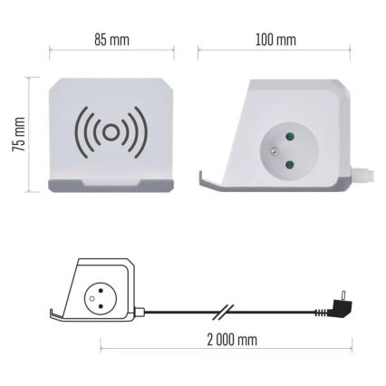 Verlengsnoer met stekkerdoos en draadloos QI-opladen 2x USB-A + 1x USB-C 2m wit