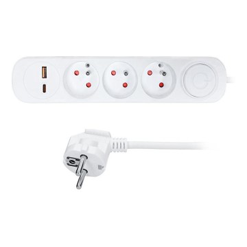 Verlengsnoer met schakelaar, 3 stopcontacten en USB-A/USB-C-oplaadpoorten, 2 m