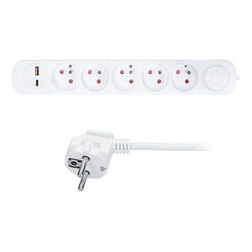 Verlengsnoer met schakelaar, 5 stopcontacten en USB‑A/USB‑C‑oplaadpoorten, 3 m