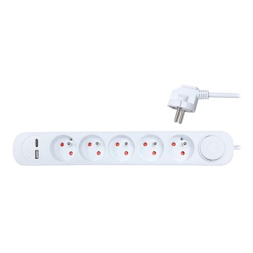 Verlengsnoer met schakelaar 5Z + 2x USB 3m wit