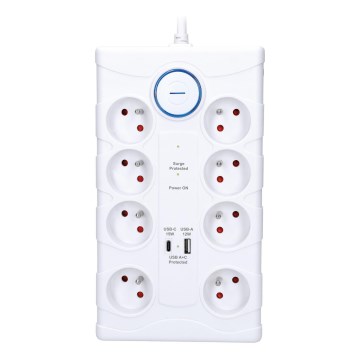 Verlengsnoer met schakelaar 8Z Type E + 1xUSB-A + 1xUSB-C 2m wit
