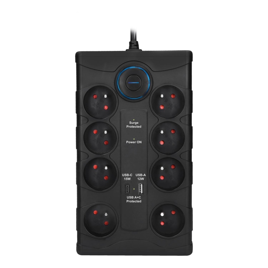 Verlengsnoer met schakelaar 8Z Type E + 1xUSB-A + 1xUSB-C 2m zwart