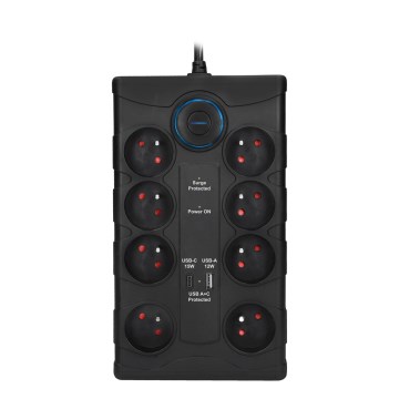 Verlengsnoer met schakelaar en overspanningsbeveiliging, 8 stopcontacten (Type E) + 1xUSB-A + 1xUSB-C, 2m, zwart