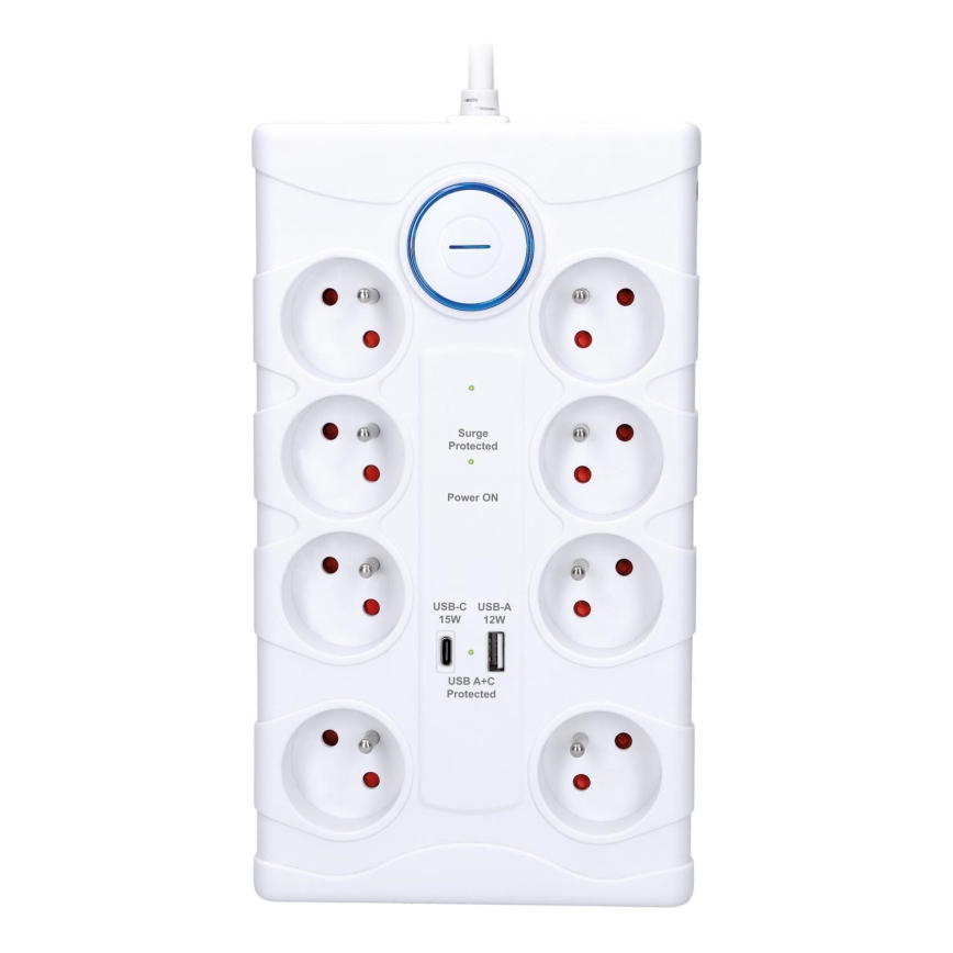 Verlengsnoer met schakelaar en overspanningsbeveiliging 8Z Type E + 1x USB-A + 1x USB-C 2 m wit