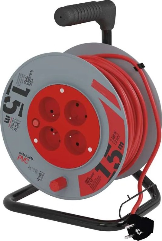 Verlengsnoer op haspel 4-voudig 15m rood/grijs