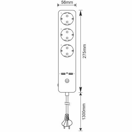 Verlengsnoer SMART met schakelaar 1,5m + 2xUSB/Wi-Fi Tuya SCHUKO
