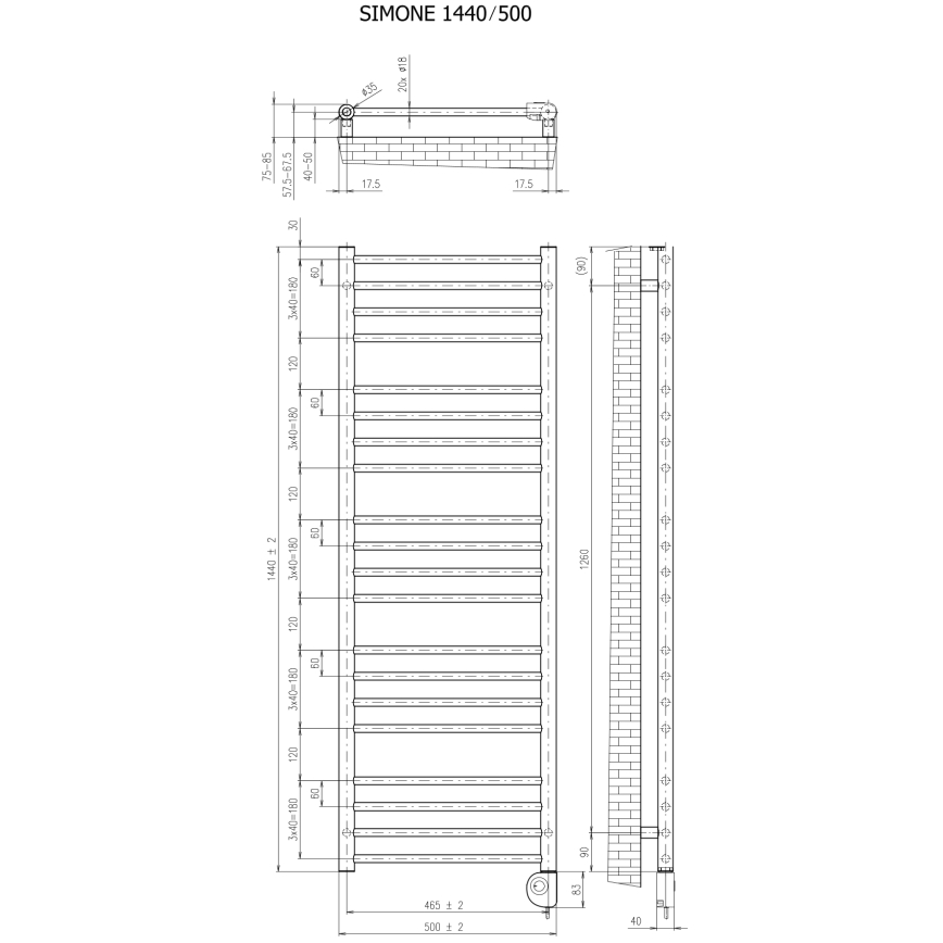 Vertaduro - Badkamerradiator met ingebouwde thermostaat SIMONE 600W 144x50 cm taupe
