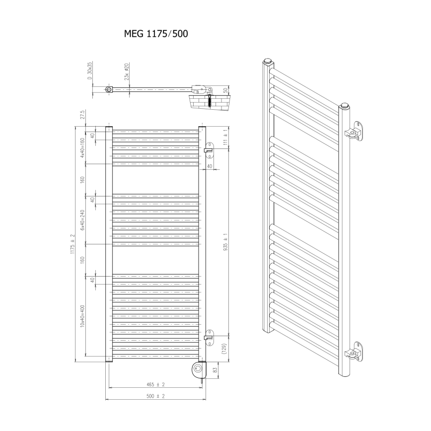 Vertaduro - Badkamerradiator met thermostaat MEG 600W 118x50 cm wit