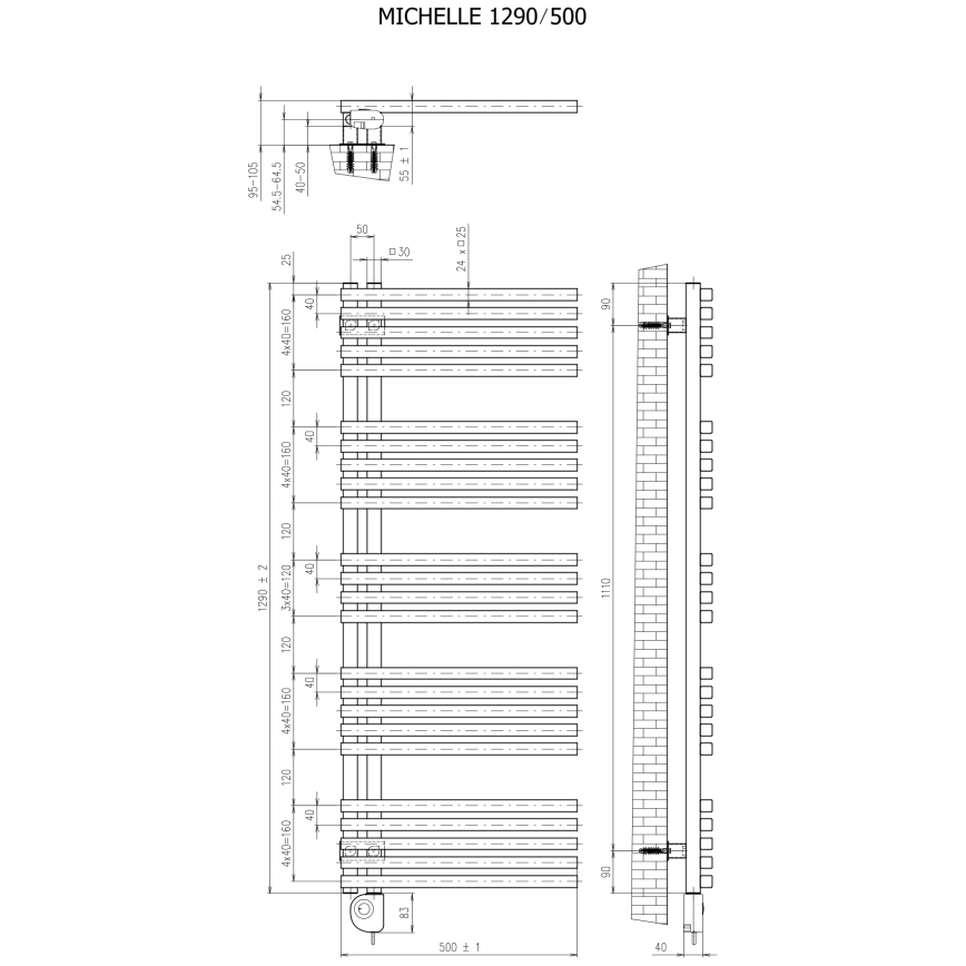 Vertaduro - Badkamerradiator met thermostaat MICHELLE 600W 129x50 cm antraciet