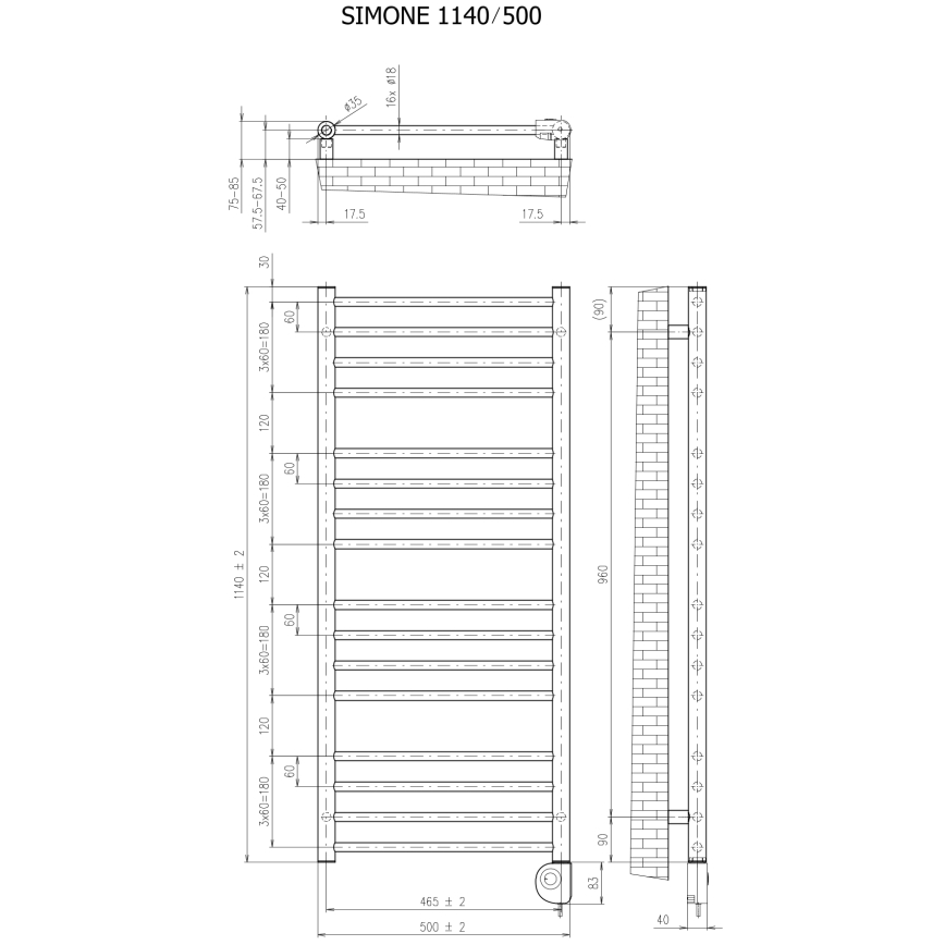 Vertaduro - Badkamerradiator met thermostaat SIMONE 400W 114x50 cm zwart