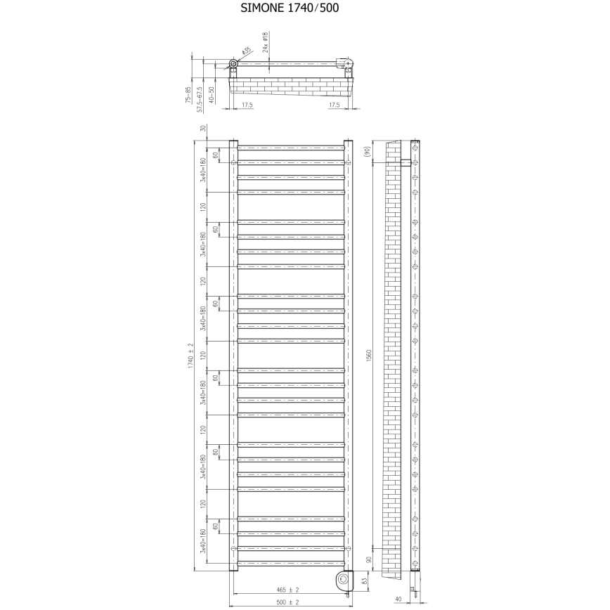 Vertaduro - Badkamerradiator met thermostaat SIMONE 600W 174x50 cm zwart