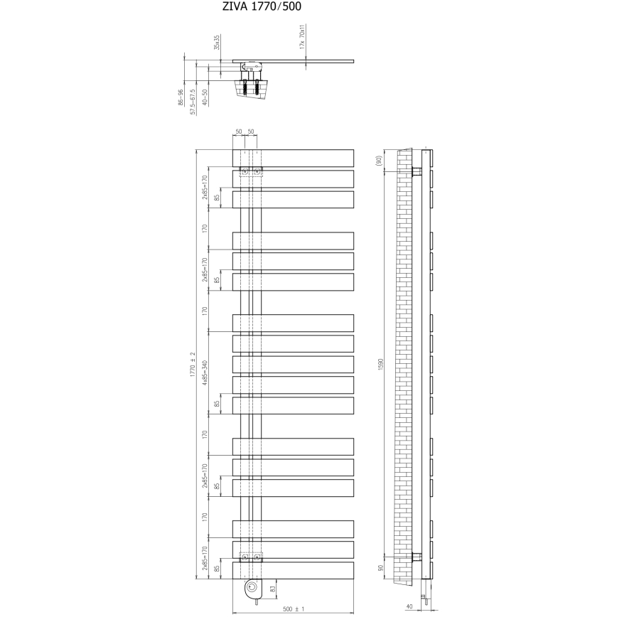 Vertaduro - Badkamerradiator met thermostaat ZIVA 800W 177x50 cm wit