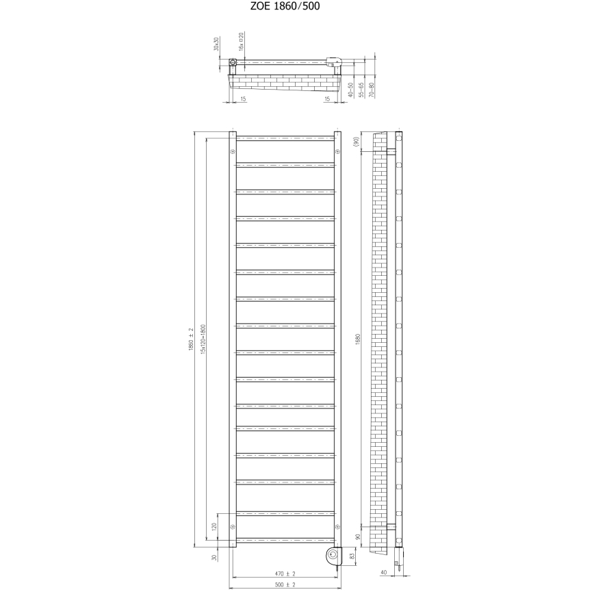 Vertaduro - Badkamerradiator met thermostaat ZOE 400W 186x50 cm antraciet