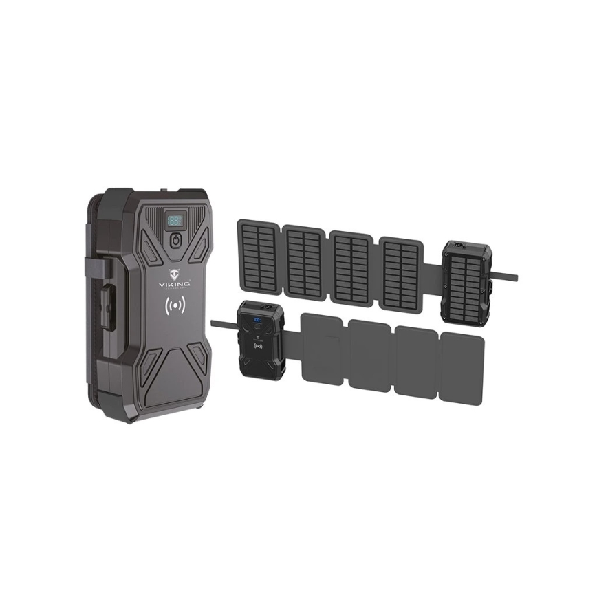 Viking - powerbank met LED-zaklamp, draadloos opladen en zonnepaneel, Power Delivery 22,5 W / 30000 mAh