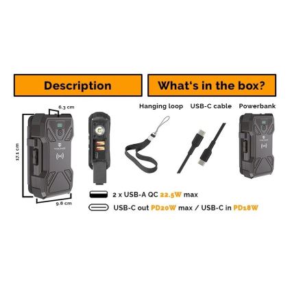 Viking - powerbank met LED-zaklamp, draadloos opladen en zonnepaneel, Power Delivery 22,5 W / 30000 mAh