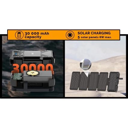 Viking - powerbank met LED-zaklamp, draadloos opladen en zonnepaneel, Power Delivery 22,5 W / 30000 mAh