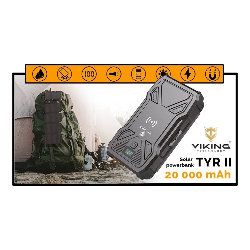 Viking - powerbank met LED-zaklamp, draadloos opladen en zonnepaneel Power Delivery 22,5W/20000 mAh