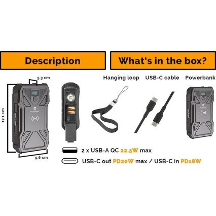 Viking - powerbank met LED-zaklamp, draadloos opladen en zonnepaneel Power Delivery 22,5W/20000 mAh