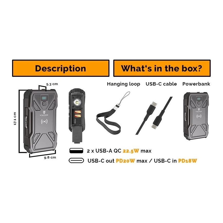 Viking - powerbank met LED-zaklamp, draadloos opladen en zonnepaneel Power Delivery 22,5W/20000 mAh