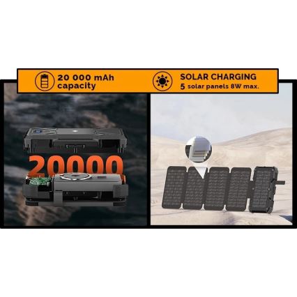 Viking - powerbank met LED-zaklamp, draadloos opladen en zonnepaneel Power Delivery 22,5W/20000 mAh