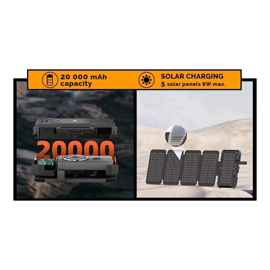 Viking - powerbank met LED-zaklamp, draadloos opladen en zonnepaneel Power Delivery 22,5W/20000 mAh