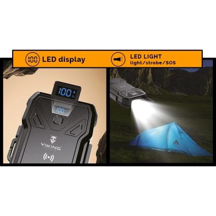 Viking - powerbank met LED-zaklamp, draadloos opladen en zonnepaneel Power Delivery 22,5W/20000 mAh