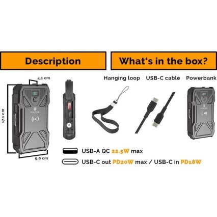 Viking - powerbank met LED-zaklamp, draadloos opladen en zonnepaneel Power Delivery 22,5W/10000 mAh