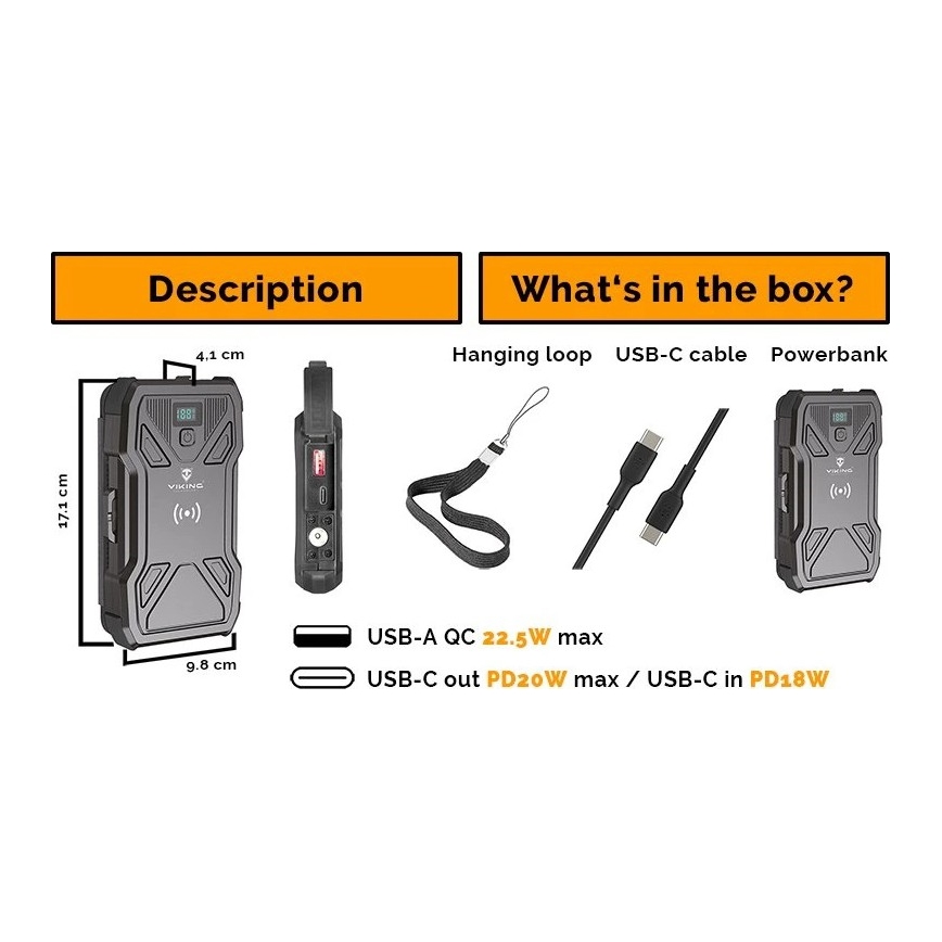 Viking - powerbank met LED-zaklamp, draadloos opladen en zonnepaneel Power Delivery 22,5W/10000 mAh