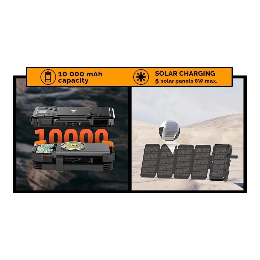 Viking - powerbank met LED-zaklamp, draadloos opladen en zonnepaneel Power Delivery 22,5W/10000 mAh