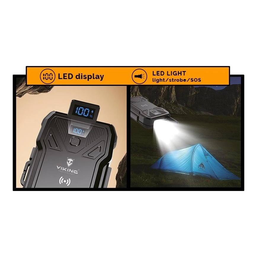Viking - powerbank met LED-zaklamp, draadloos opladen en zonnepaneel Power Delivery 22,5W/10000 mAh